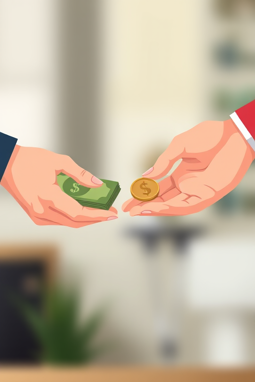 Create an illustration of two hands exchanging money, featuring a stack of cash and a coin, in a flat design style, using a shallow depth of field with a blurred background, captured with a DSLR camera at f/2.8, 50mm lens, ISO 100, 1/125 sec exposure.