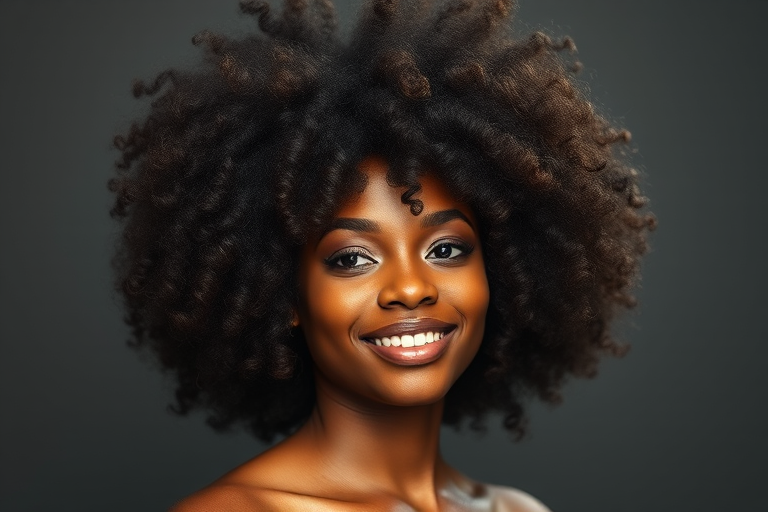 Voluminous afro in natural dark brown, celebrating textured curls and coils with defined edges and a shape-enhancing taper, radiating confidence and beauty