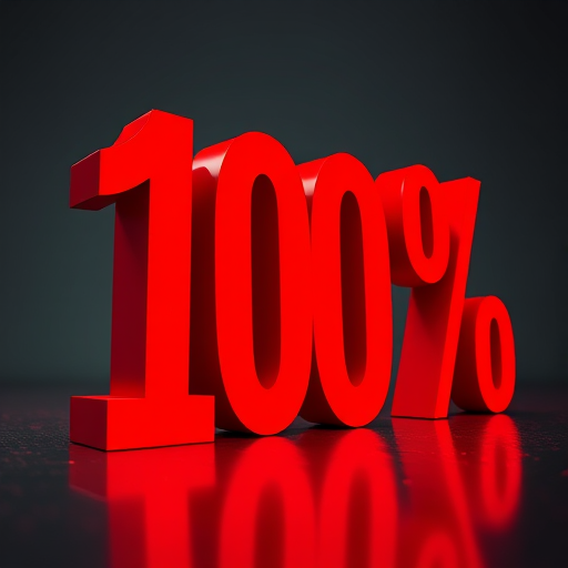 Regenerate an image featuring large, bold red numbers displaying "100%" in an artistic, three-dimensional style with varying sizes, shot from a low angle perspective using a DSLR camera at f/8 aperture, ISO 100, and a 50mm lens to enhance clarity and depth.