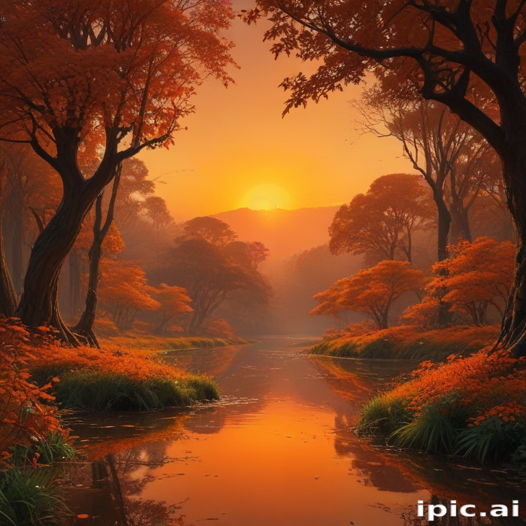 Serene Autumn Sunset Over a Tranquil River Surrounded by Vibrant Trees