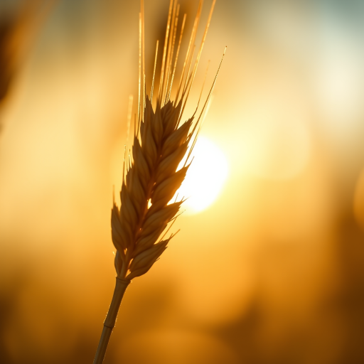Capture a close-up of a single wheat spike with golden sunlight illuminating it from behind, using a DSLR camera set to f/2.8 aperture, 1/500 shutter speed, ISO 100, shallow depth of field, and a soft bokeh background for enhanced image quality.