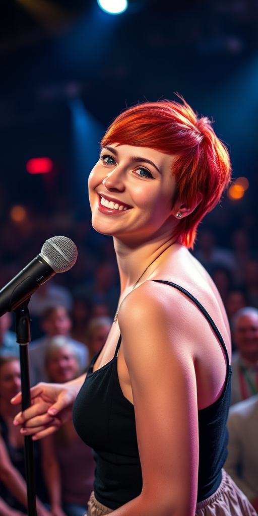 Generate an image of a young woman with short red hair and blue eyes, smiling and performing on stage with a lively audience in the background, captured with a DSLR camera at f/1.8, ISO 100, 50mm lens, shot in soft focus for a dreamy effect, high dynamic range.