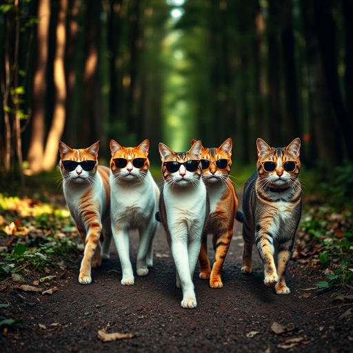 Four stylish cats wearing sunglasses walking down a forest path, captured with a Canon EOS R5, 50mm lens, f/1.8 aperture, ISO 100, natural lighting.