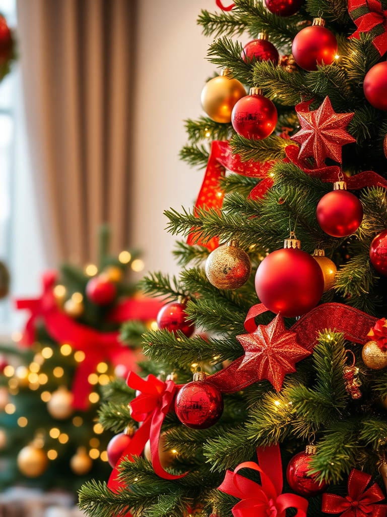 Create a festive image of a beautifully decorated Christmas tree filled with vibrant red and gold ornaments. The tree should be adorned with twinkling white lights, and there should be a warm, cozy atmosphere. Include ribbons and other holiday decorations to enhance the festive feel.