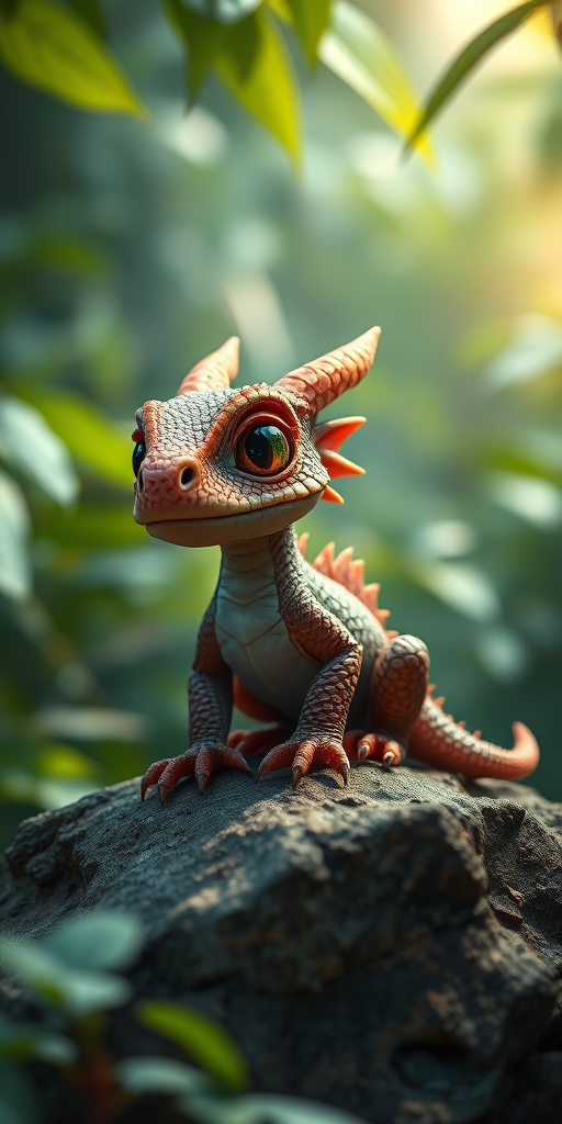 Create a highly detailed close-up of a cute dragon sitting on a rock in a lush jungle, soft natural lighting, shallow depth of field, 50mm lens, f/1.8 aperture, ISO 100, high resolution, digital art style.