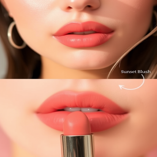 Peach sorbet lips titled "Sunset Blush" feature a soft, creamy texture and warm undertones, perfect for natural makeup looks and spring aesthetics