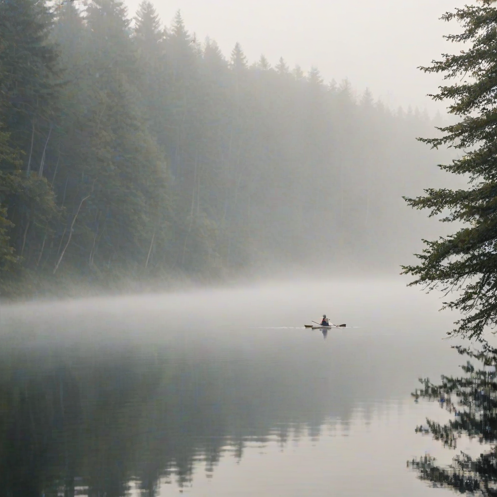 Soft-focus image of a misty morning on a peaceful lake, with a lone kayak gliding silently through the water, surrounded by fog that softly envelops the trees lining the shore.