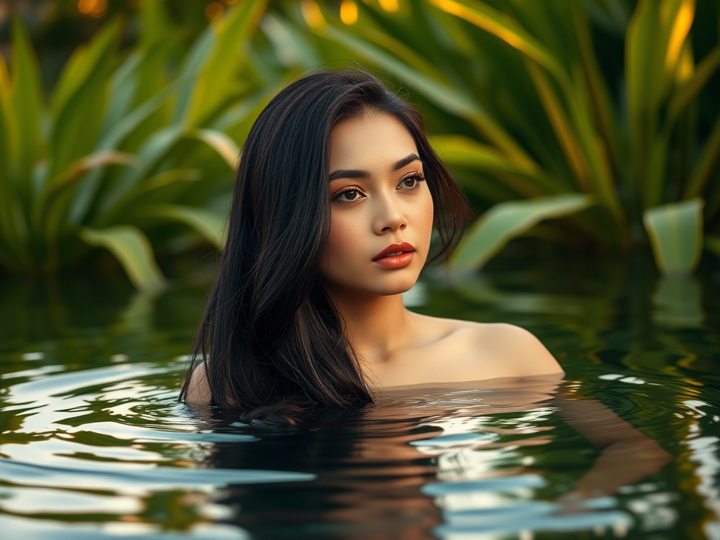 Generate a serene portrait of a woman with long dark hair floating in calm water, surrounded by lush green plants in a tropical setting, captured with a Canon EOS R5, 50mm lens, f/1.8 aperture, ISO 100, at golden hour lighting for soft and warm tones.