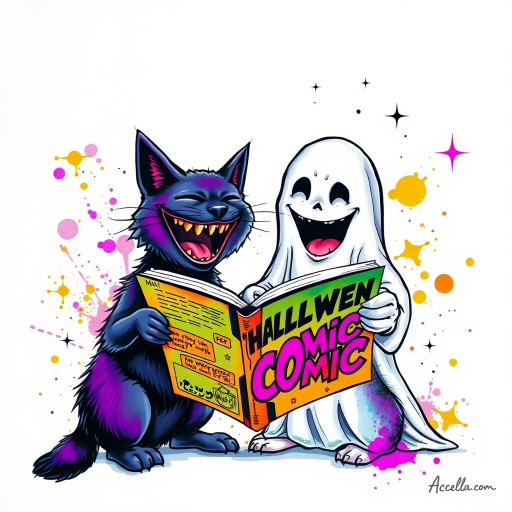 Image of a ghost and a black cat laughing exaggeratedly , and reading a comic halloween comic book, alcohol ink airbrush style, funny halloween theme, white background with neon purple, neon orange, neon green splash, black sparkles stars , dazzling BG