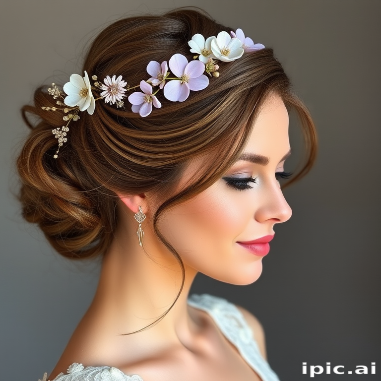 Graceful woman sporting a romantic updo with soft tendrils framing her face, adorned with delicate floral accessories and a subtle lavender tint