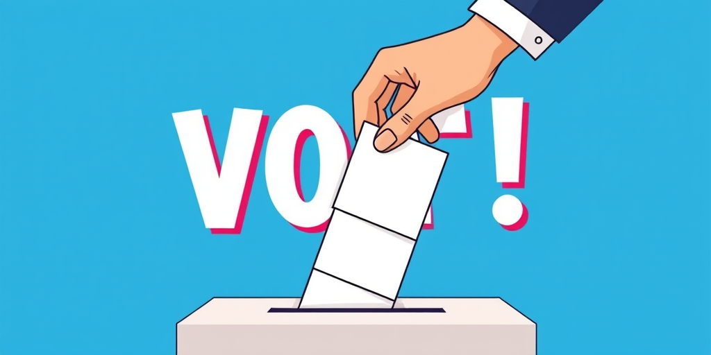Create an illustration of a hand dropping a ballot into a voting box with a bold "VOTE!" graphic in the background, use a bright blue backdrop, apply a DSLR camera style with a 50mm lens, f/2.8 aperture, and 1/125 shutter speed to enhance clarity and vibrancy.