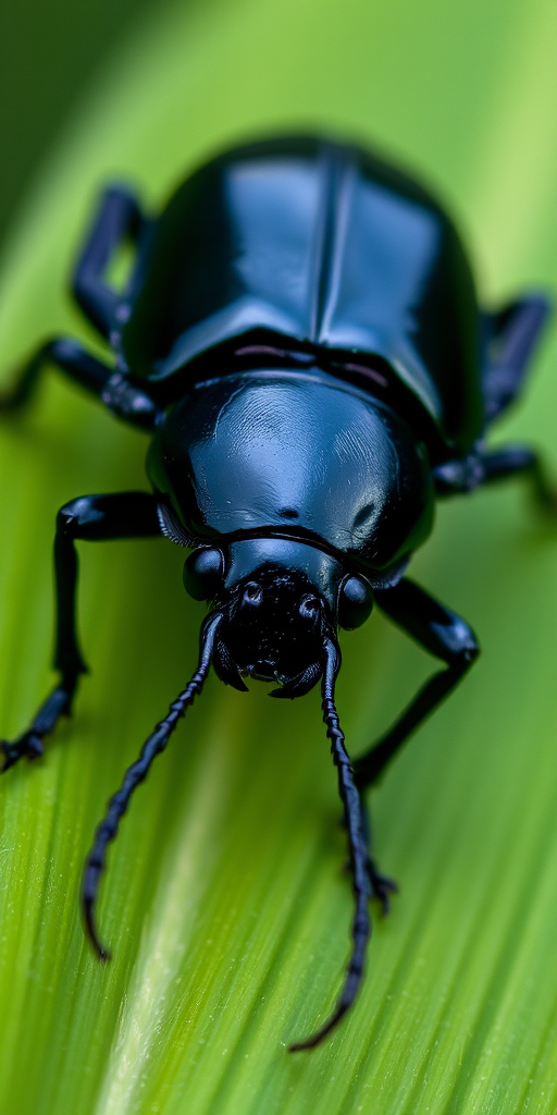 Close-up of a shiny black beetle on a green leaf, taken with a macro lens, 100mm focal length, aperture f/8, ISO 200, 1/200 sec exposure, natural light, DSLR camera with a shallow depth of field.