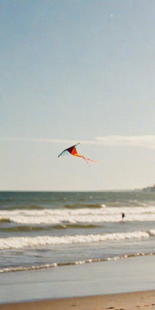Blurry action shot of a kite flying high above a sunlit beach, soft focus on the bright colors of the kite, distant seagulls flying overhead, and children running along the shoreline, the sound of waves crashing in the background.