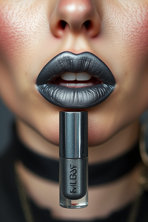 Edgy "Gunmetal Grunge" metallic liquid lipstick creates a bold, industrial-inspired look with its long-wearing formula and intense silvery-gray pigment