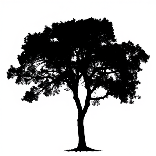 Create a high-quality image of a minimalist black silhouette of a tree against a white background, captured with a Canon EOS 5D Mark IV, 50mm lens, f/1.8 aperture, ISO 100, in a natural light setting with a slight overhead angle for depth.