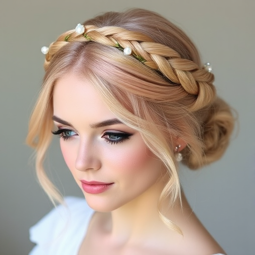 Pale rose gold hair arranged in an intricate milkmaid braid crown with wispy tendrils framing the face, adorned with tiny pearl accents for a romantic, fairy-tale look named Blush Garland