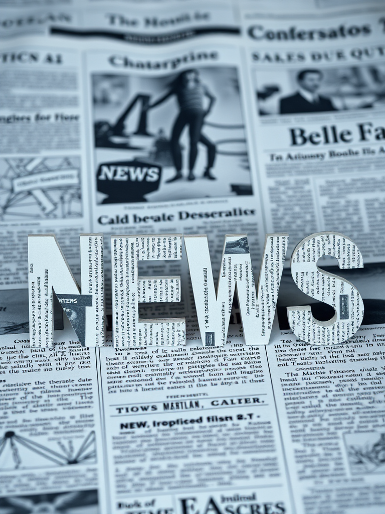create an image of the word NEWS in 3D effect made of newspaper clippings, set against a background of a newspaper layout, use a Canon EOS 5D Mark IV camera, with a 50mm lens, aperture set to f/1.8 for a shallow depth of field, and a soft lighting effect for enhanced clarity and detail