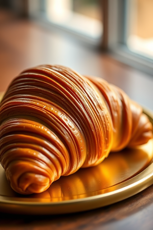 Close-up of a freshly baked croissant on a round gold platter, soft natural light, aperture f/2.8, ISO 100, 50mm lens, shallow depth of field, DSLR camera, warm tones.