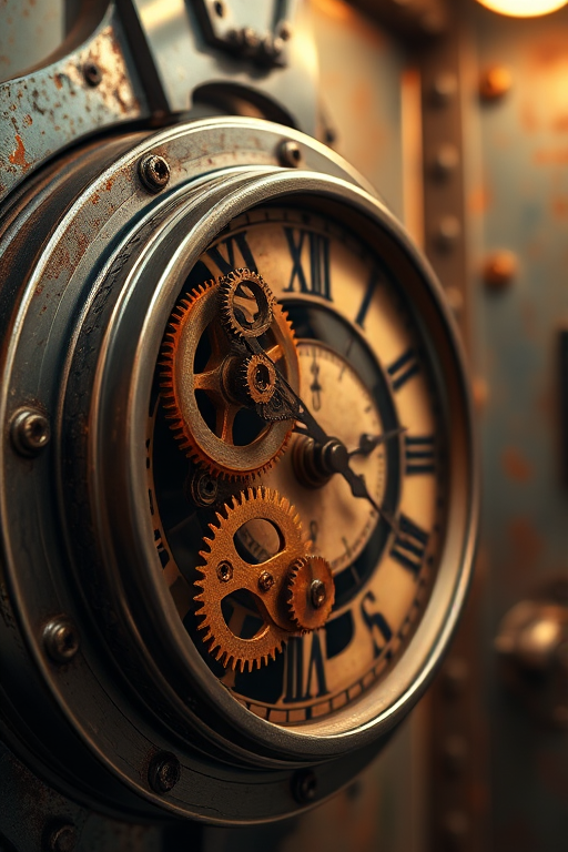 Create a close-up of a steampunk clock with intricate gears and a vintage clock face, set in a dimly lit, metallic room with rusted textures, using a DSLR camera with a 50mm lens at f/1.8, ISO 100, and a shutter speed of 1/60 sec, capturing the atmosphere with soft shadows and warm highlights.