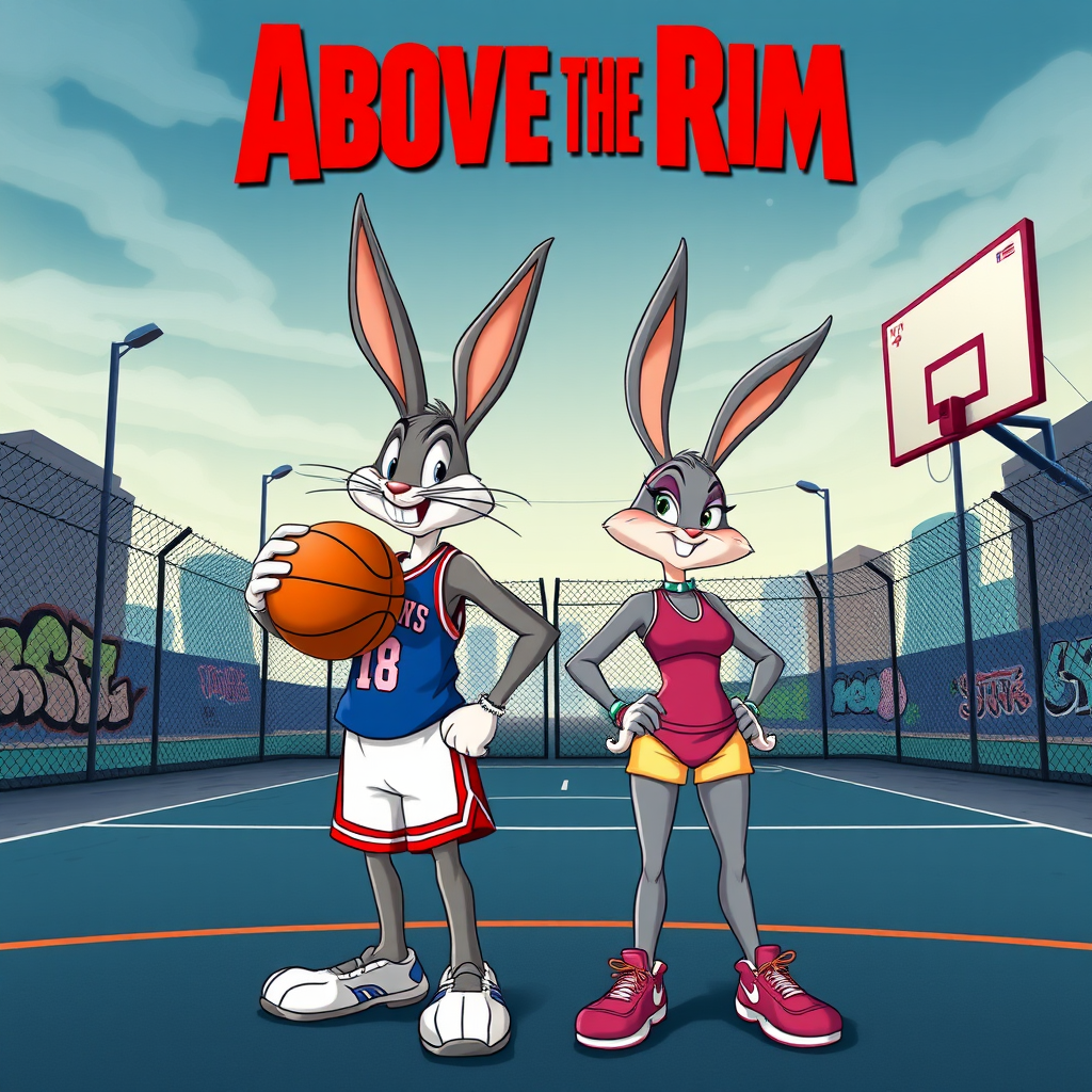 Design an Above the Rim poster featuring Bugs Bunny as Kyle and Lola Bunny as Shep. Bugs is dressed in a basketball jersey and shorts, holding a basketball with a confident expression, while Lola stands beside him in athletic gear, looking determined. The background features an urban basketball court with a wire fence, streetlights, and graffiti. The title "Above the Rim" appears in bold red letters at the top, keeping the original street basketball vibe