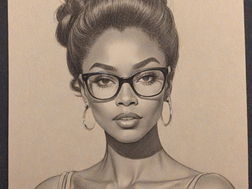 Magnificent Zuri Hall, pencil sketch, portrait of Stunning woman 1964s in glasses, hair style beatnik, outline, clear lines, fine lines, 8k