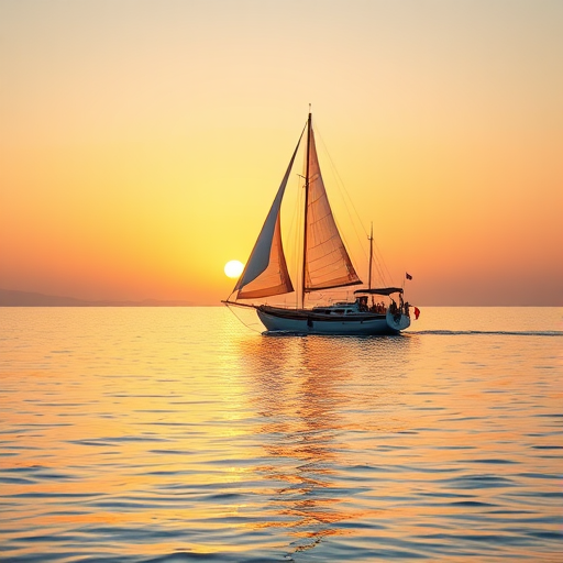 Create a high-resolution image of a traditional sailboat on calm waters during sunset, using a DSLR camera with a 50mm lens, aperture f/8, ISO 100, 1/125 sec shutter speed, in landscape orientation with soft natural lighting.