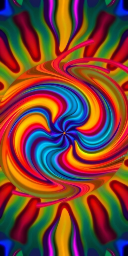 Create an abstract swirl pattern with vibrant colors and smooth flowing lines in a kaleidoscopic style, using a DSLR camera, 50mm lens, f/1.8 aperture, ISO 100, shot in a top-down view to enhance clarity and depth.