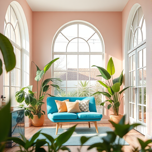 interior of a modern living room featuring a turquoise lounge chair with cushions, surrounded by lush green plants, natural light filtering through large arched windows, soft pastel walls in pink and teal, cozy atmosphere, captured with a DSLR camera, f/2.8 aperture, 50mm lens, ISO 100, soft focus effect, golden hour lighting