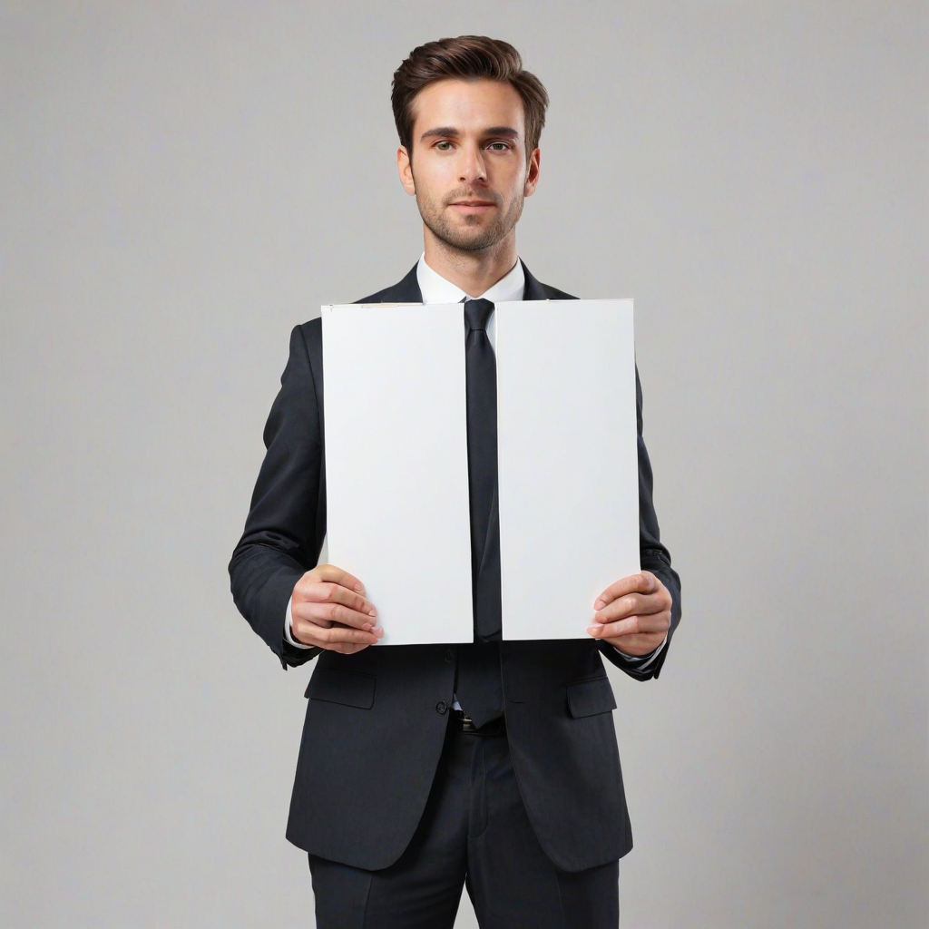 Create an image of a professional individual in a business suit, holding a large blank whiteboard in front of their face. The background should be neutral to emphasize the person and the blank board. Make sure the person's hands are visible, and they are positioned at mid-chest level, showcasing the blank space clearly.