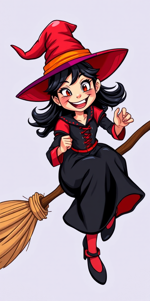 A colorful illustration of a witch flying on a broomstick with a playful expression, wearing a black and red dress with lace-up details, high-resolution, shot with a Canon EOS R5, 50mm lens, f/2.8 aperture, natural light, vibrant colors and sharp details.