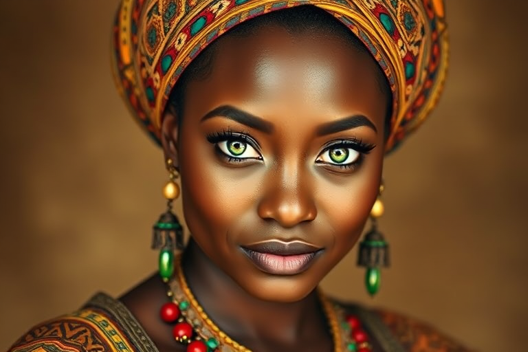Create a portrait of a beautiful Igbo woman with striking green eyes and a gentle expression. She is adorned in traditional attire with intricate patterns, including a richly embroidered headscarf and matching garments. Her jewelry includes a delicate headpiece, dangling earrings, and ornate bracelets, all featuring vibrant gemstones and detailed metalwork. The background is soft and warm, enhancing the rich colors of her outfit and jewelry.
