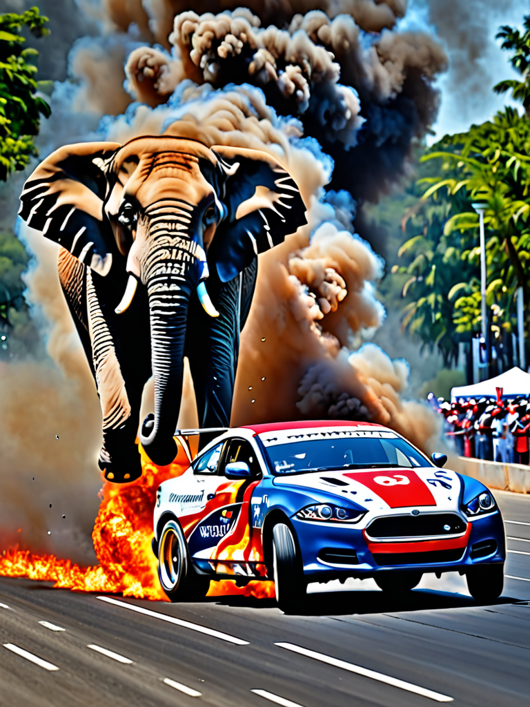 Elephant Car drifting with a headless racer and the burning wheels of ...