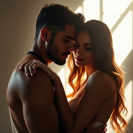 Generate a high-resolution image of a male and female model in an intimate pose, soft lighting, dramatic shadows, 85mm lens, aperture f/1.8, ISO 200, shallow depth of field, cinematic style, portrait orientation.