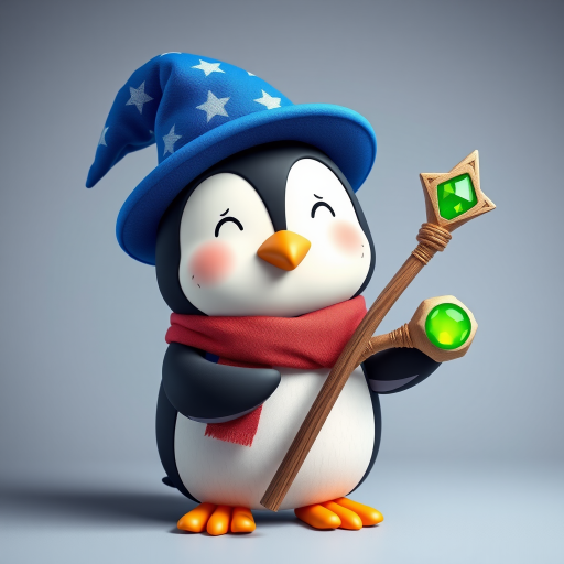 Create an image of a cartoon penguin wearing a starry blue wizard hat and holding a wooden staff with a green gem, set against a minimalistic background, captured with a DSLR camera, 50mm lens, f/2.8 aperture, natural lighting, vibrant color profile.