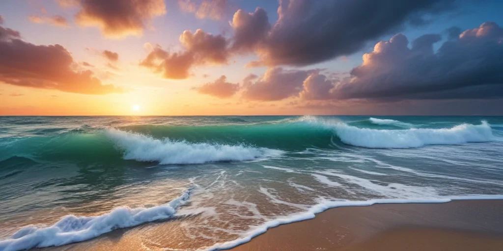Serene Sunset Over the Ocean with Gentle Waves and Colorful Clouds