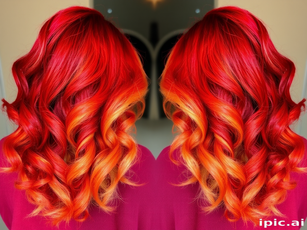 Fiery phoenix ombre blends scarlet roots into golden tips, styled in voluminous curls that seem to dance like flames, embodying the spirit of rebirth