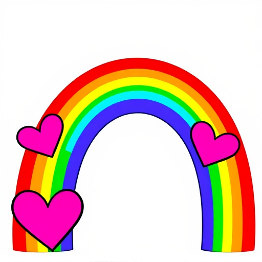 Create a vibrant and colorful illustration of a rainbow with two heart shapes on each side, ensuring the colors are bright and vivid, use a digital art style, set the resolution to 300 DPI, and a canvas size of 2000x2000 pixels.