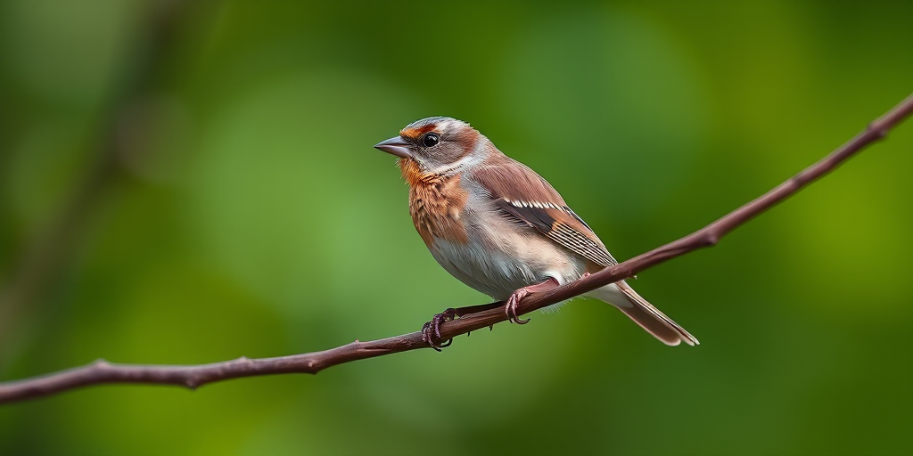 regenerate an image of a finch perched on a branch with a blurred green background, shot with a Canon EOS 5D Mark IV, 85mm lens, aperture f/2.8, ISO 400, shutter speed 1/200s, with a shallow depth of field for enhanced clarity and detail on the bird.