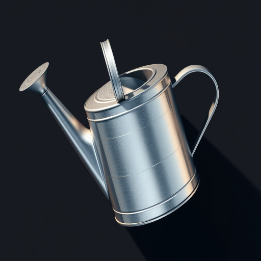 Create an illustration of a watering can with a metallic finish, soft lighting, high contrast, using a DSLR camera, f/2.8 aperture, ISO 100, 50mm lens, top-down view, flat lay style.