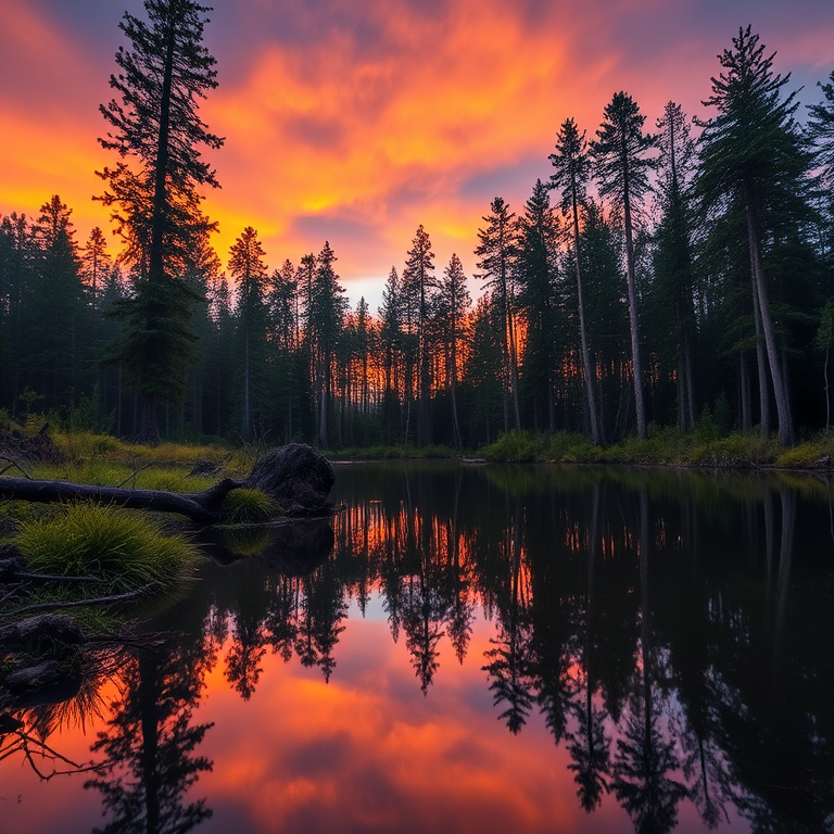 Create a high-resolution image of a serene forest landscape at sunset, with vibrant colors in the sky, soft lighting, and a clear reflection on a tranquil lake, taken with a Canon EOS R5, 24mm lens, f/8 aperture, ISO 100, and a low angle view for depth.