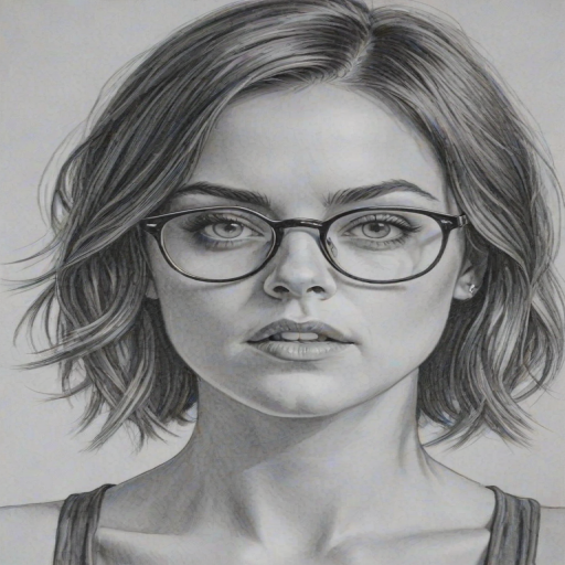 Bewitching Jessica Stroup, pencil sketch, portrait of Captivating woman 1922s in glasses, hair style beatnik, outline, clear lines, fine lines, 8k