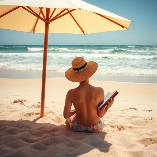 Sunlit beach with soft sand, a woman sits under a large umbrella, reading a book, with waves crashing softly in the background.