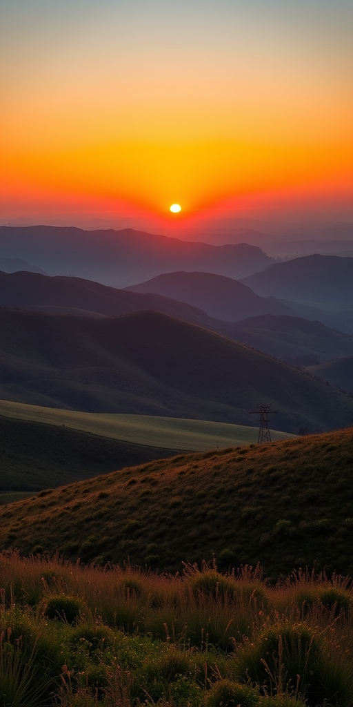 Create a high-resolution image of a serene landscape with rolling hills and a sunset, using a Canon EOS R5 with a 24-70mm f/2.8 lens at f/8, ISO 100, and a shutter speed of 1/250s, capturing a wide-angle view in vibrant colors and high detail.