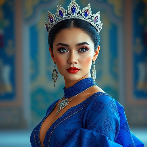 A gorgeous Bhutanese woman in a luxurious blue gown, accessorized with a dazzling tiara and statement earrings, her deep green eyes highlighted by impeccable makeup, poised in a royal setting, photorealistic, 8K quality