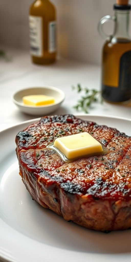 Create an image of a perfectly seared ribeye steak, resting on a white plate with a pat of melting butter on top. The steak is seasoned with fresh herbs like thyme and parsley, with glistening juices highlighting the texture of the meat. The background features a soft focus on a light, marble countertop, with a small dish of butter and an olive oil bottle in the distance. The overall mood should be warm and inviting, capturing the deliciousness and juiciness of the steak.