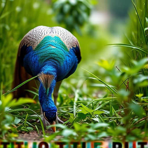 Photography of a peacock foraging in lush greenery, shot with a DSLR camera using a 50mm lens at f/2.8 aperture, shutter speed 1/200 sec, ISO 200, with a shallow depth of field to emphasize the vibrant colors and textures of the plumage and surroundings, captured from a low angle for a dynamic perspective.