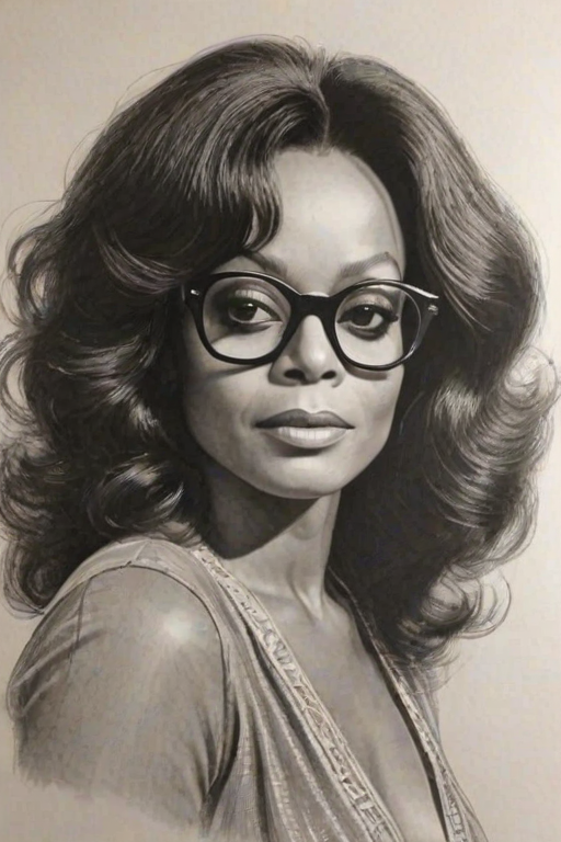 Lovely Diana Ross, pencil sketch, portrait of Comely woman 1972s in glasses, hair style beatnik, outline, clear lines, fine lines, 8k