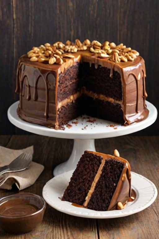 Create an image of a multi-layer chocolate cake with rich chocolate ganache dripping down the sides. The cake should have layers of creamy caramel filling and be topped with swirls of peanut butter frosting. Garnish the top with chopped nuts and a sprinkle of caramel sauce. The cake should be displayed on a white cake stand against a rustic wooden background.
