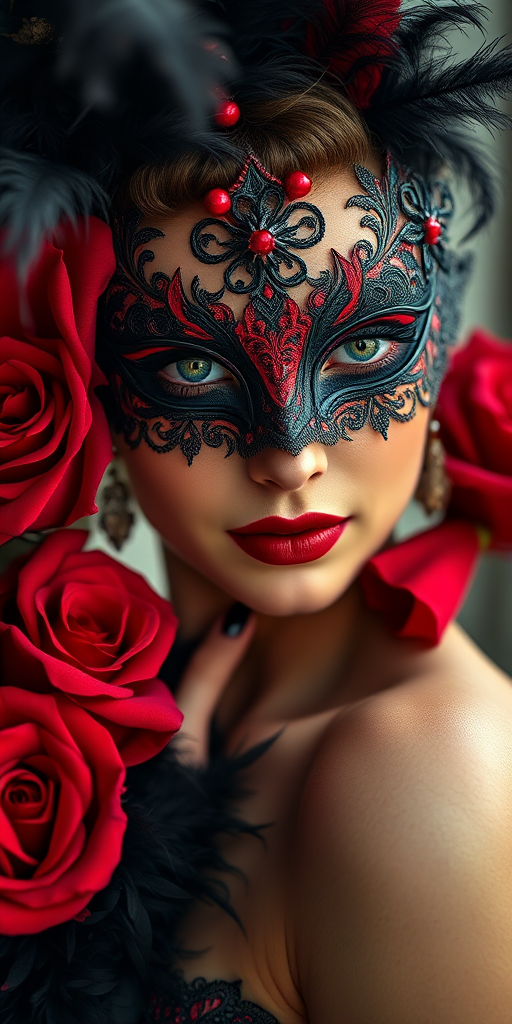portrait of a woman wearing an ornate black and red masquerade mask with intricate details, surrounded by vivid red roses and dark feathers, soft focused background, taken with a Canon EOS R5, 85mm f/1.2 lens, aperture f/1.2, ISO 100, natural light with gentle highlights to enhance depth and texture