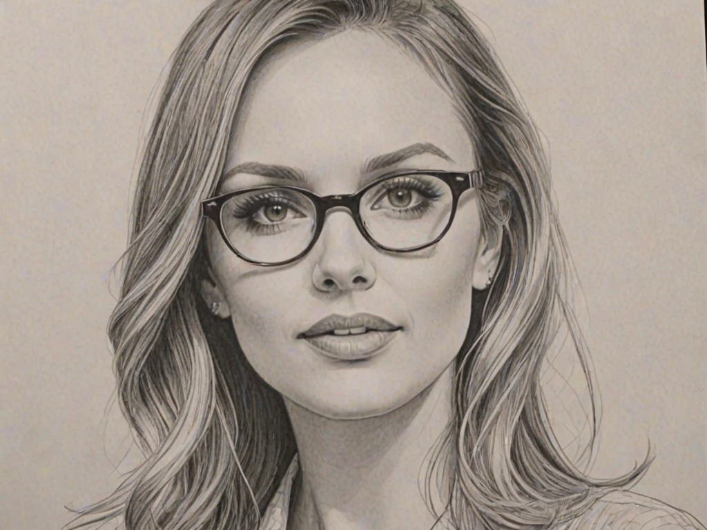 Exquisite Carly Pearce, pencil sketch, portrait of Graceful woman 1958s in glasses, hair style beatnik, outline, clear lines, fine lines, 8k
